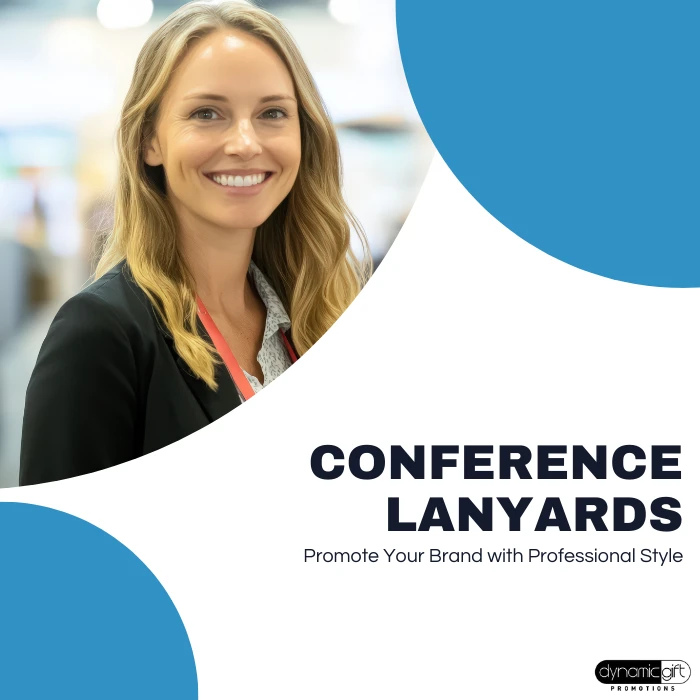 A smiling conference attendee wears her custom lanyard.