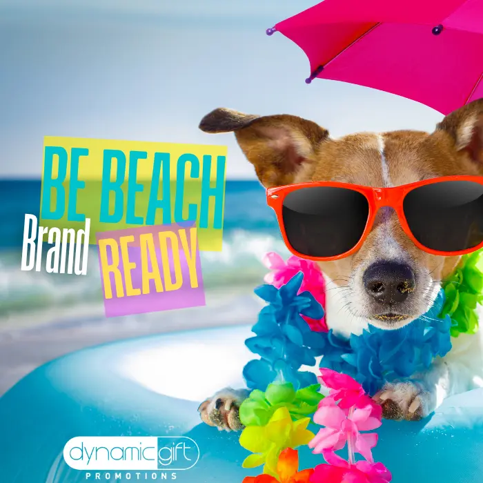 Make Your Brand Beach Ready with Fun Summer Ideas A cute dog wearing summer marketing swag at the beach in Vancouver.