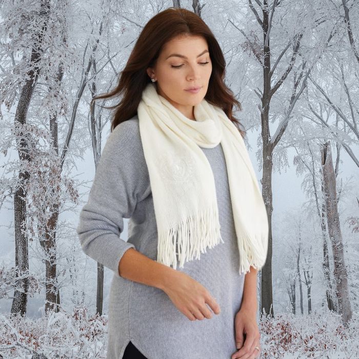 Bouclé Fringed Scarf on a winter background