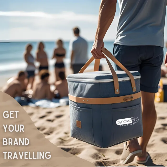 Branded Cooler Bag at a Group Hangout A branded cooler bag carried along a beach to a group gathering in British Columbia.