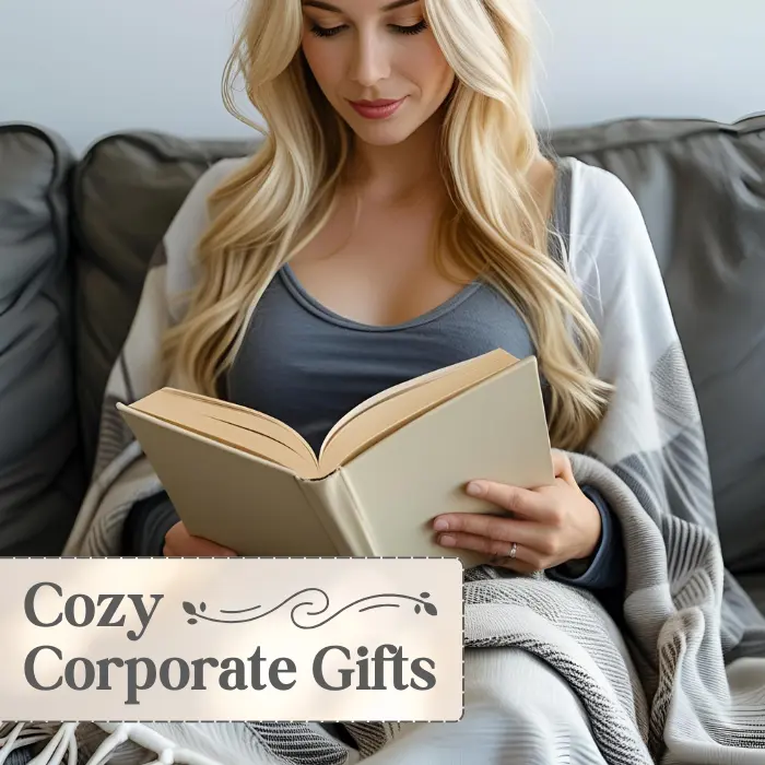 Woman in Branded Plaid Blanket A woman reading while wrapped in a branded blanket given as a custom corporate gift.