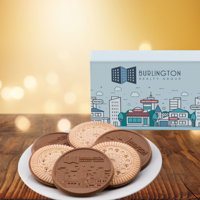 A custom box of chocolate cookies on a holiday background.