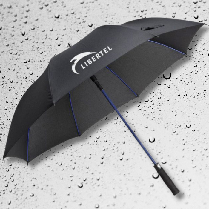 A black umbrella branded with a white logo, resting over a light grey raindrop background.