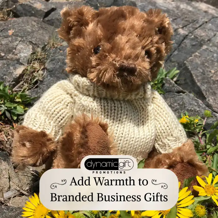 Custom Plush Bear Outdoors in Canada A promotional stuffed bear with a knitted sweater.