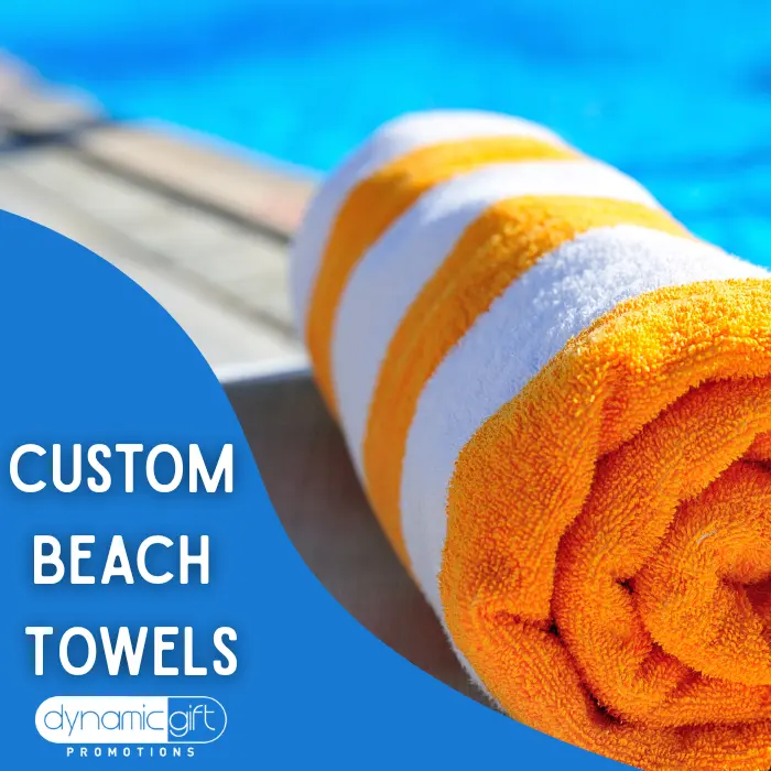 Custom Promotional Beach Towels A custom beach towel beside a pool in Manitoba, Canada.