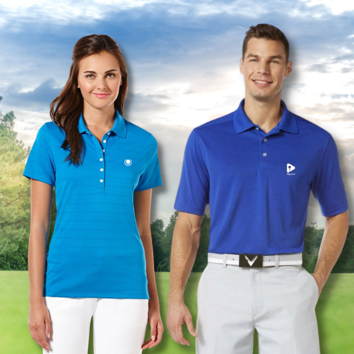 A man and woman wearing blue golf shirts with white embroidery, while at a local course on a beautiful spring day.