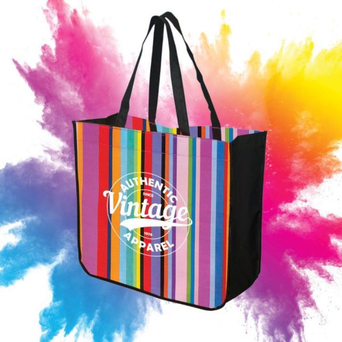 rainbow Large Stripey Recycled Tote with background pattern