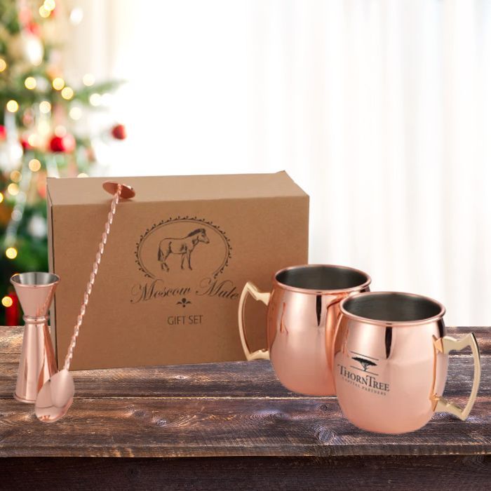 Moscow Mule Mug 4-in-1 Gift Set on a holiday background