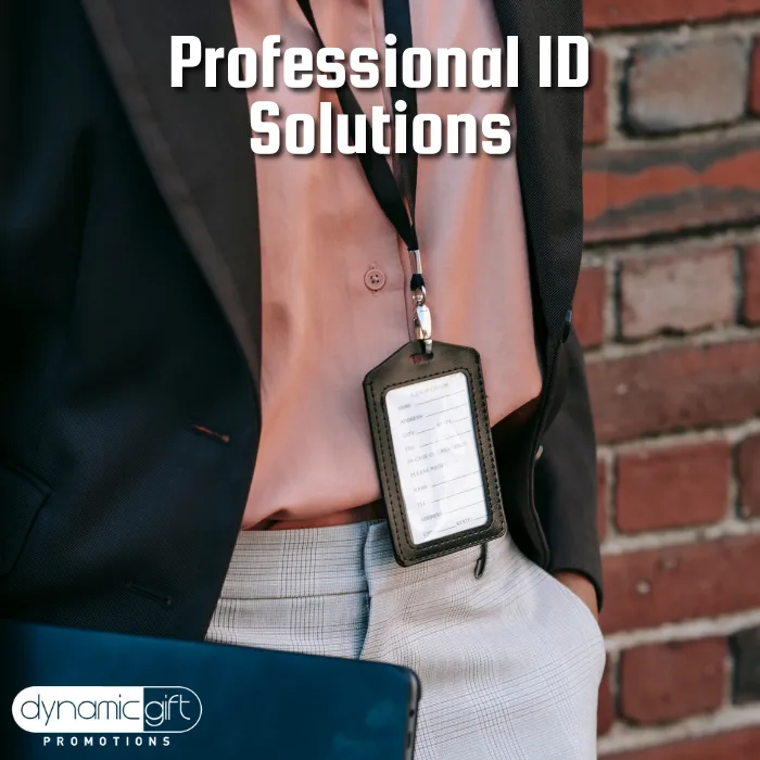 A custom lanyard and ID holder worn by a businessman outside an expo in Montreal.
