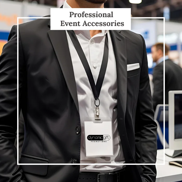 Promotional Lanyard on an Event Vendor A custom lanyard worn and ID holder worn by a professional at a trade show in Toronto.