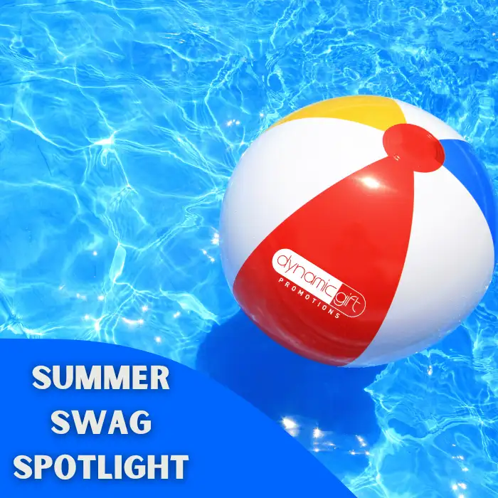 Custom Branded Beach Balls from Dynamic Gift A custom logo beach ball floating through a pool in British Columbia.