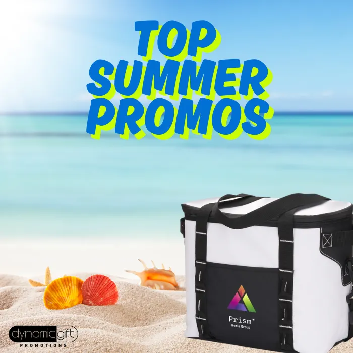 Promotional Cooler for Summer A custom branded cooler resting on a Lake Huron beach.