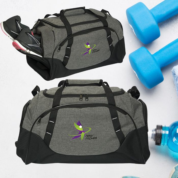 Two images of a heathered grey gym bag with black accents. The closest image shows the front with a full colour log. The back image shows the same back, but with the left side pocket open and two running shoes sticking out. Both bags are on an off-white background with blue gym equipment on the right hand side.