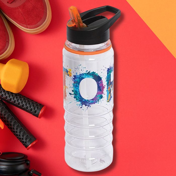 A clear 750mL Tritan water bottle with an orange accent and a full colour logo. The bottle is in front of a red and orange background that shows gym equipment on the left hand side.