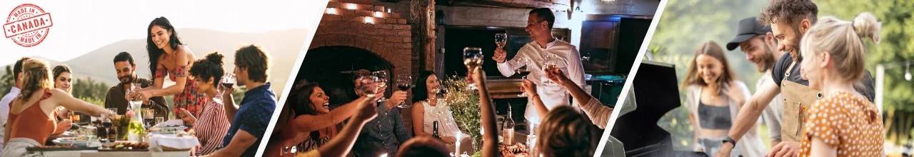 Guests at a social event enjoy custom charcuterie and serving boards and filled branded wine glasses in Alberta at dusk.