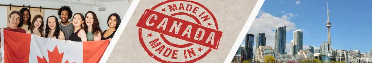Canadians celebrating made in Canada custom branded items in Toronto, holding a flag.