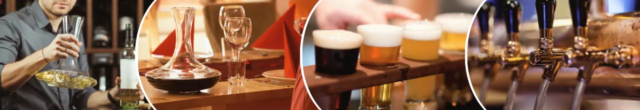 Custom beer and whiskey accessories at bars and breweries in Canada. Flight paddles and decanters used to serve drinks in style.