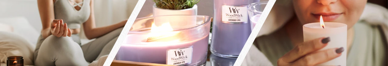 People enjoying the relaxing benefits of scented candles, including meditation and enjoying the scent while holding a candle. There are lavender candles from Woodwick in the centre of the image.