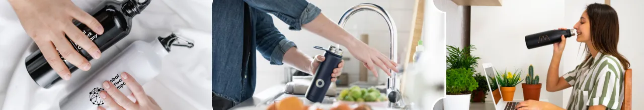 Custom branded drink bottles being filled and reused by people to stay hydrated in homes and offices across Canada.