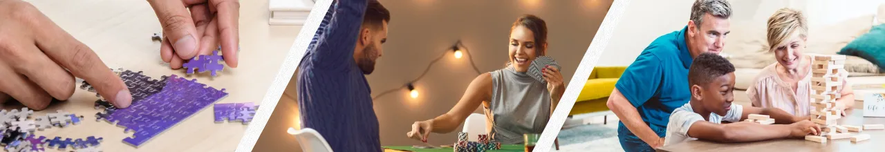 Three images of people enjoying family time and socialization with branded board games, printed card sets and custom puzzles during the Canadian winter.