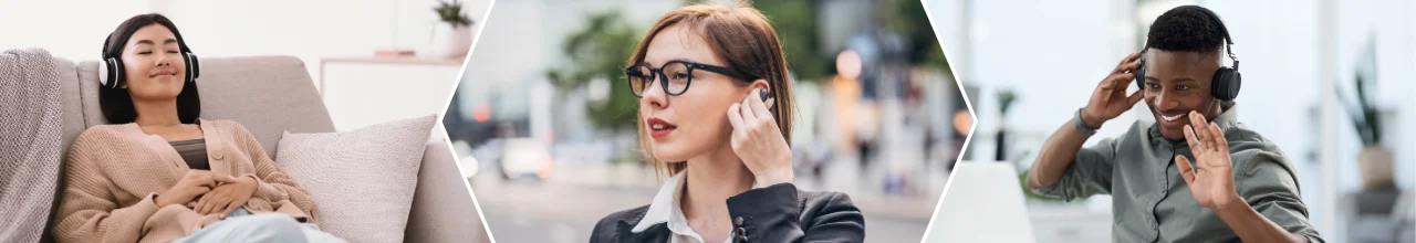 Young business employees enjoy the promotional headphones and earbuds they were given as custom corporate gifts in Canada.