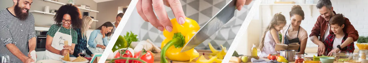 Three images of people preparing food in the kitchen. One couple is making spaghetti in a Canadian culinary class. Another image shows a close-up of a custom kitchen knife cutting a bell pepper. The last image is of a family making dinner together on the weekend.