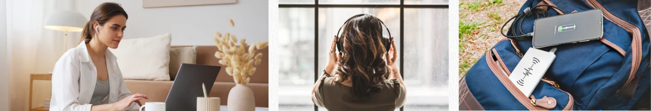 People enjoying their custom branded tech gifts during work, at home and while travelling in Canada. The tech includes wireless earbuds, over-the-ear headphones and a printed power bank.