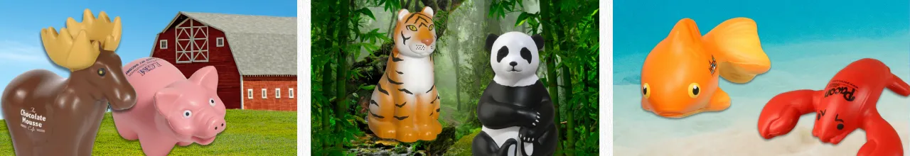These animal-shaped stress relievers are situated in three different settings. There is a pig and a moose in front of a Canadian-style barn. A tiger and a panda sit stylishly on a jungle backdrop and in the ocean, a lobster and a fish-shaped stress toy are having fun.