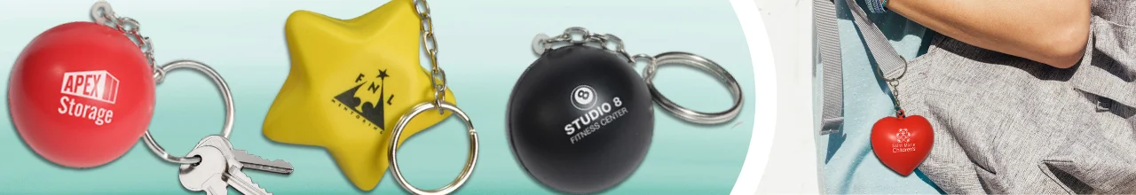 Branded stress reliever keychains are used to promote business messages on a client's bag.
