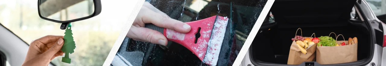 Three images showing the benefits of useful custom auto accessories in Canada. The left shows someone adjusting a promotional air freshener and enjoying the scent. The middle demonstrates easy ice removal with an ice scraper. The right shows the danger of loose groceries without any car trunk security.