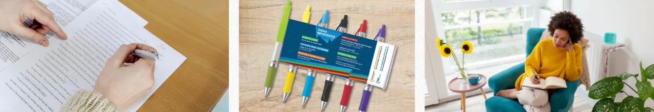 Promotional banner pens being used on a desk in an office in Canada, at home for journaling and on display to show the banner pulled out with the print potential.