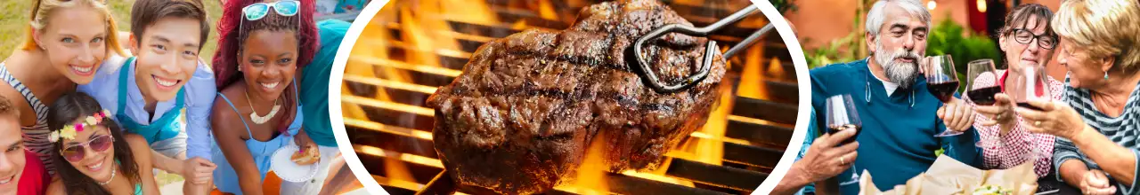 A wide age range of people enjoying outdoor BBQing in Canada and a close up picture of chargrilled Ontario steak.