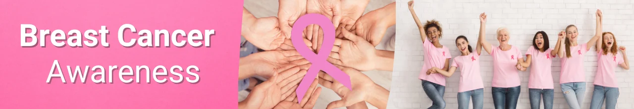 photo of a young woman wearing a breast cancer awareness shirt and mask on the left; several promotional products for breast cancer fundraising on the right