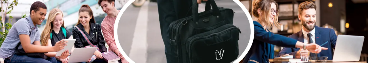 Students and business workers enjoying branded business bags for college, commuting and work meetings in Canada.