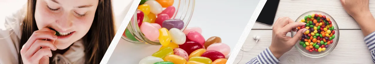 Three images of jelly beans and candy that are available in Canada. The left shows a young woman biting into a candy. The centre is a close-up of jellybeans in a glass jar. The right shows a work office desk in Ontario with a laptop keyboard next to a glass bowl filled with office candy.