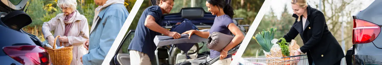 Three images of Canadians sorting their car trunks and packing essentials like groceries into car trunk organizers for their journey.