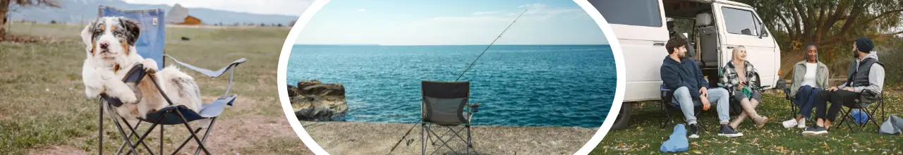 Three images of promotional camping chairs being used outdoors. One has a cute dog lounging in it on vacation. The next has a fishing road resting on it by a lake in Ontario. Then there is an image of four people sitting on the chairs talking after taking a break from their road trip. Their foam cushions for sitting on the ground have been stored away out of sight for now.