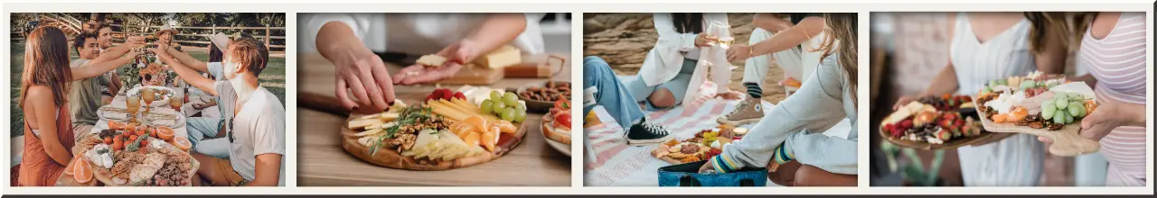 Logo charcuterie boards are used at dinner parties indoors and outside as well as at a picnic event during summer in Canada.