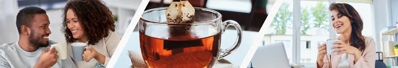 Three images that show tea and coffee being enjoyed in Canada. The left one is two people enjoying hot beverages before working from home. The middle shows a delicious custom tea bag gift being used. The right shows a woman with brown hair working on her laptop and enjoying a hot drink.