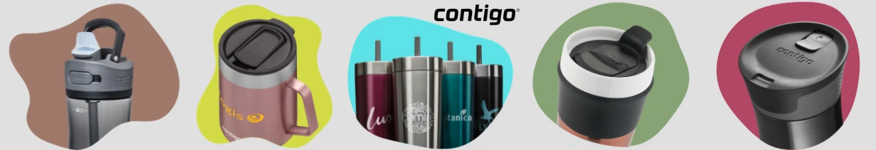 An assortment of Contigo custom logo tumblers and printed travel mugs ready for promotional events and as marketing rewards.