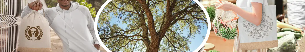 Custom printed cork bags are being used for schools and grocery errands to cut down on single-use plastics in Canada. The tree in the middle is a cork tree that demonstrates where this eco-friendly material originates.