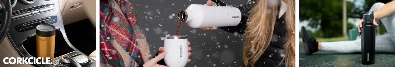 Branded Corkcicle drinkware used during a daily commute, to celebrate during winter in Canada, and while exercising at home.