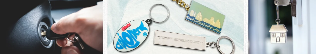 Three images showing custom logo keyrings available in Canada and their usefulness. This includes someone starting their car with a key attached to a keyring and a new homeowner's front door keys with a cute house keyring.