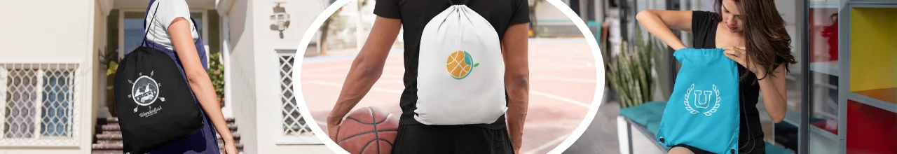 A sectional image of two women and one man using custom drawstring backpacks for leisure, travel and back to school purposes.