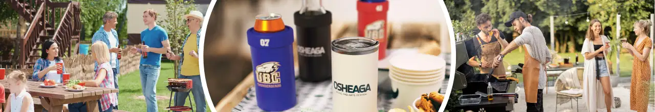 Young people enjoying custom koozies and can coolers while attending BBQs and social events in Canada.