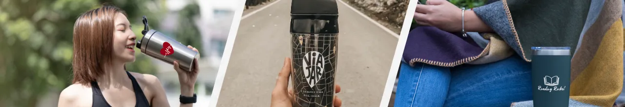 Three custom travel tumblers. One being used by an athlete, the second for a photo shoot on the 401 in Ontario, the third used while reading.