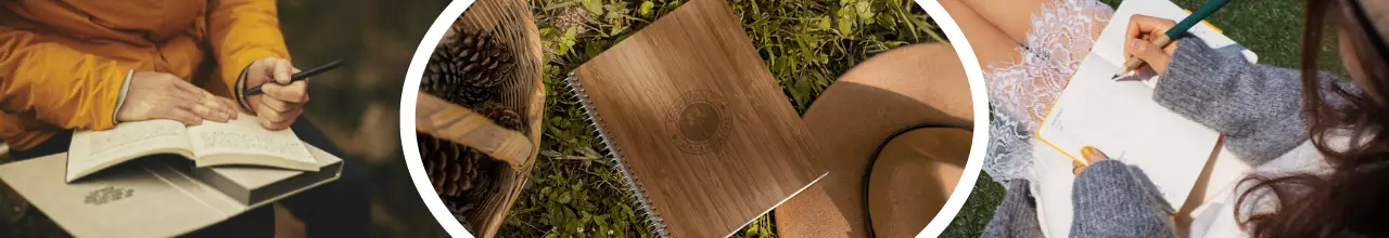 Custom eco-friendly notebooks are being used outdoors in nature for journaling and personal wellness.