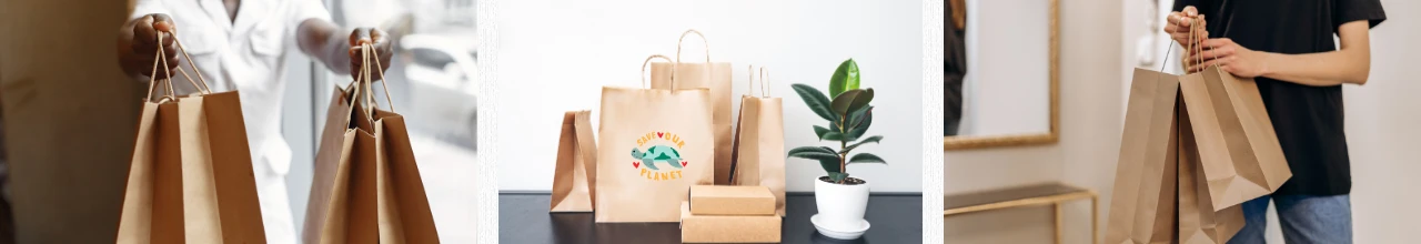 Printed paper bags being used to promote businesses and replace single-use, non eco-friendly plastics while shopping in Canada.