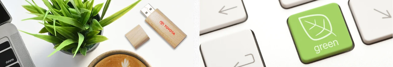 An eco-friendly USB sits on top of a desk in an office in Alberta, beside a potted plant. There is also a close-up of a laptop's keys promoting a green button for sustainable branding options in Canada and mindfulness for environmentalism.