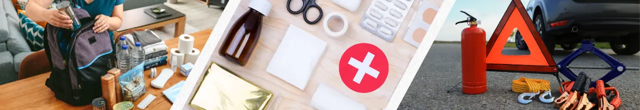 Three images of custom emergency kits and preparedness. One is a woman packing her bug out bag with supplies. The next shows the contents of a first aid kit and the last shows a highway safety and emergency kit being used on the roadside in Canada.